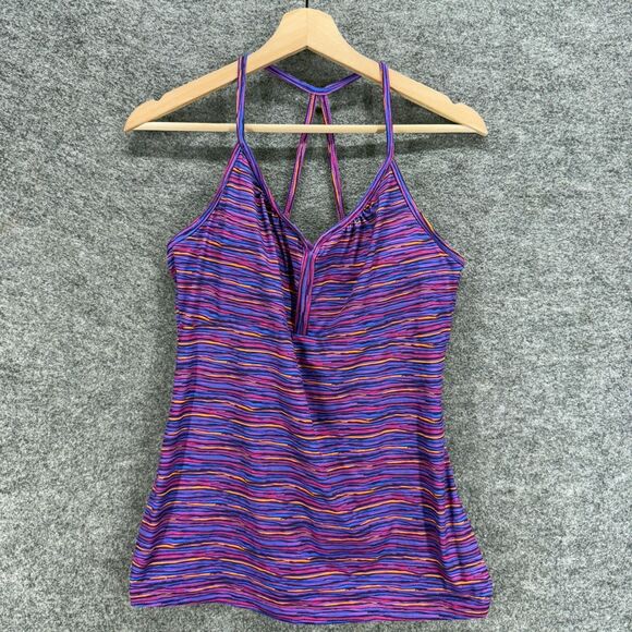 Rei Activewear Tank Women 8 Blue Striped Sleeveless Racerback V-Neck Lined - Picture 1 of 6